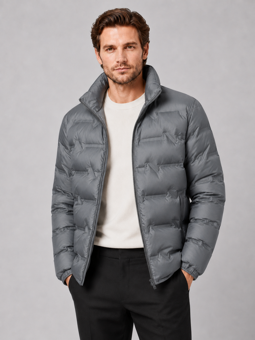 Men wearing gray white duck down puffer jacket thick warm stand collar winter outdoor style