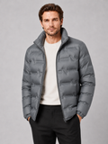 Men wearing gray white duck down puffer jacket thick warm stand collar winter outdoor style