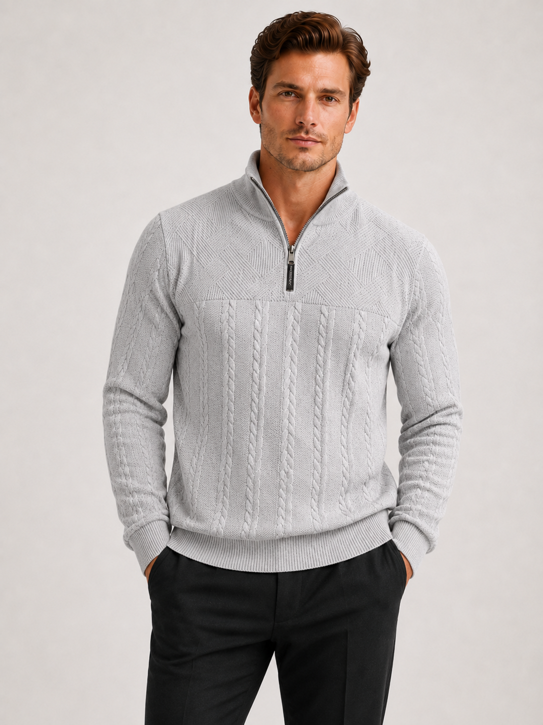 Men wearing gray jacquard quarter zip sweater long sleeve warm fall winter casual style