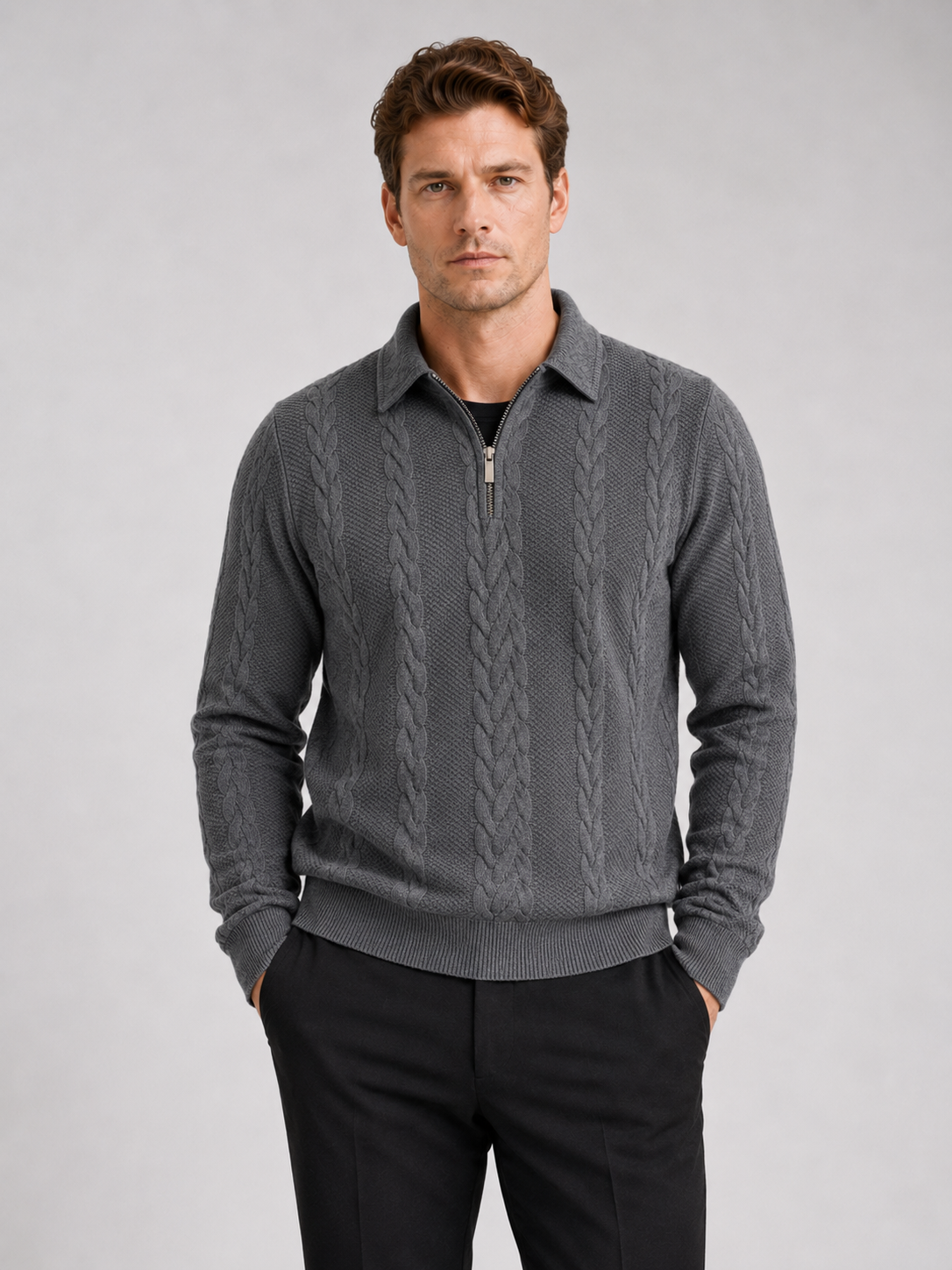 Men wearing gray quarter zip sweater long sleeve turn down collar fall winter casual style