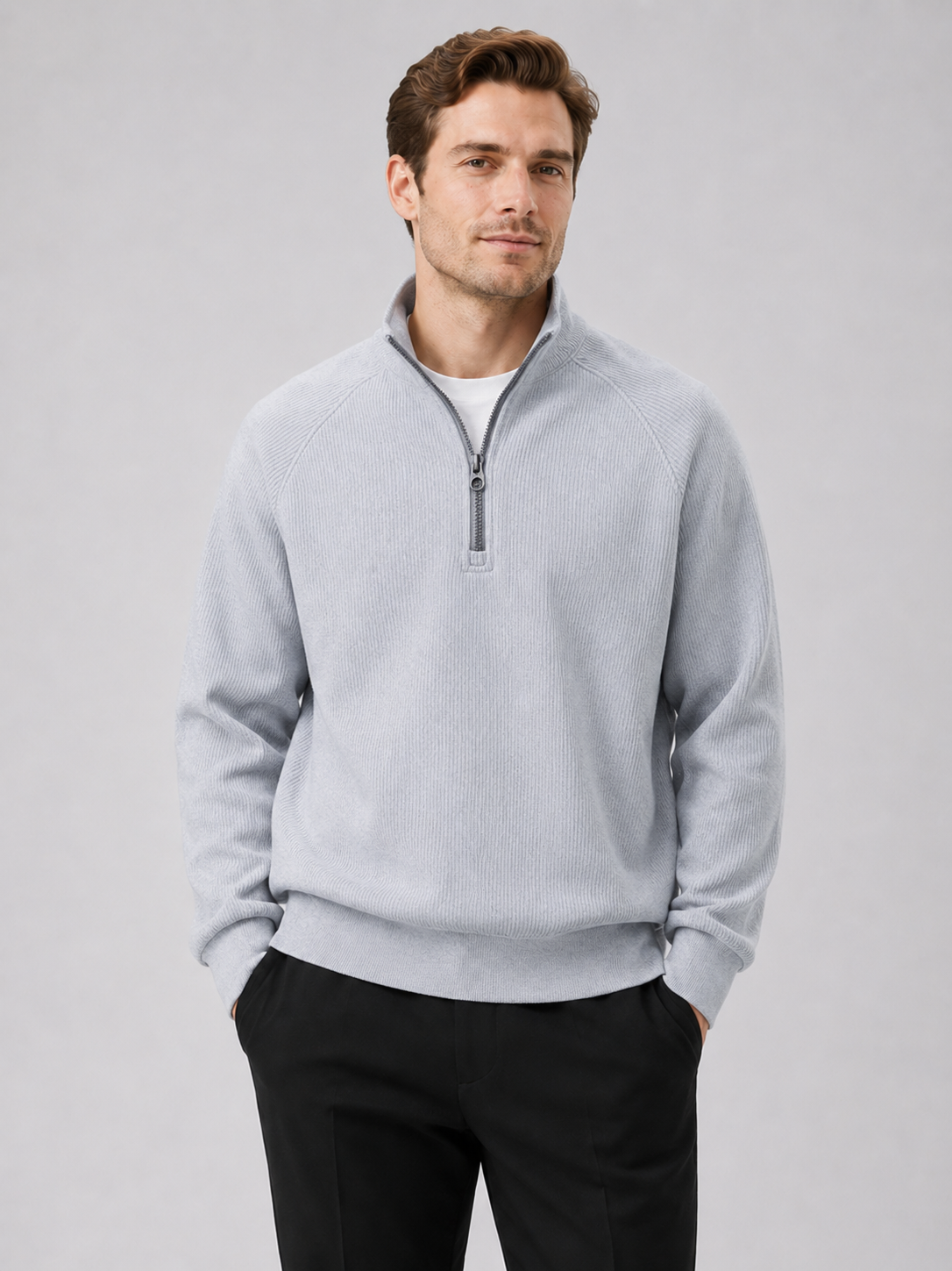 Men wearing gray quarter zip sweater loose fit stand collar fall casual style