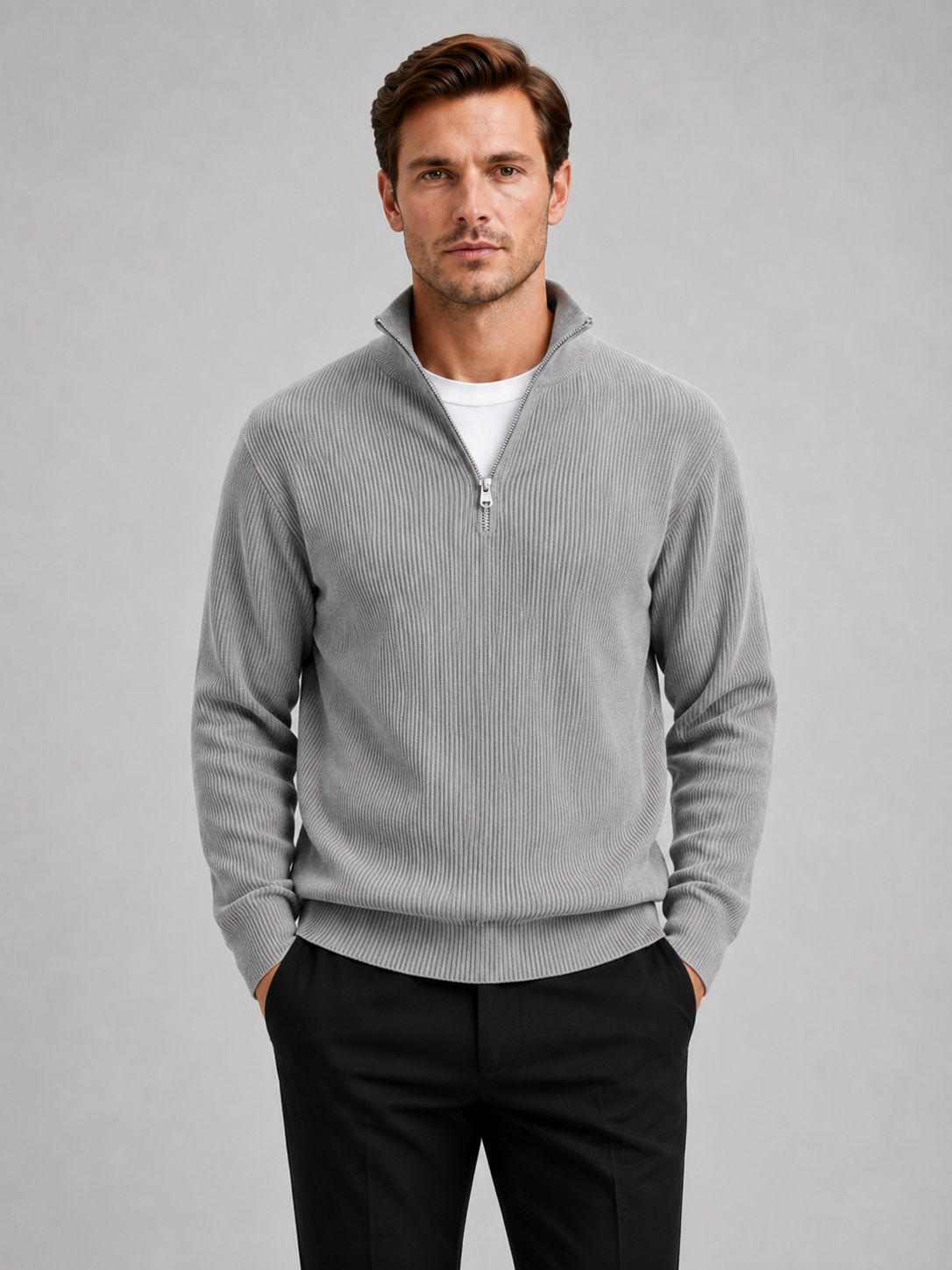 Men wearing gray ribbed quarter zip sweater stand collar long sleeve fall winter business casual style