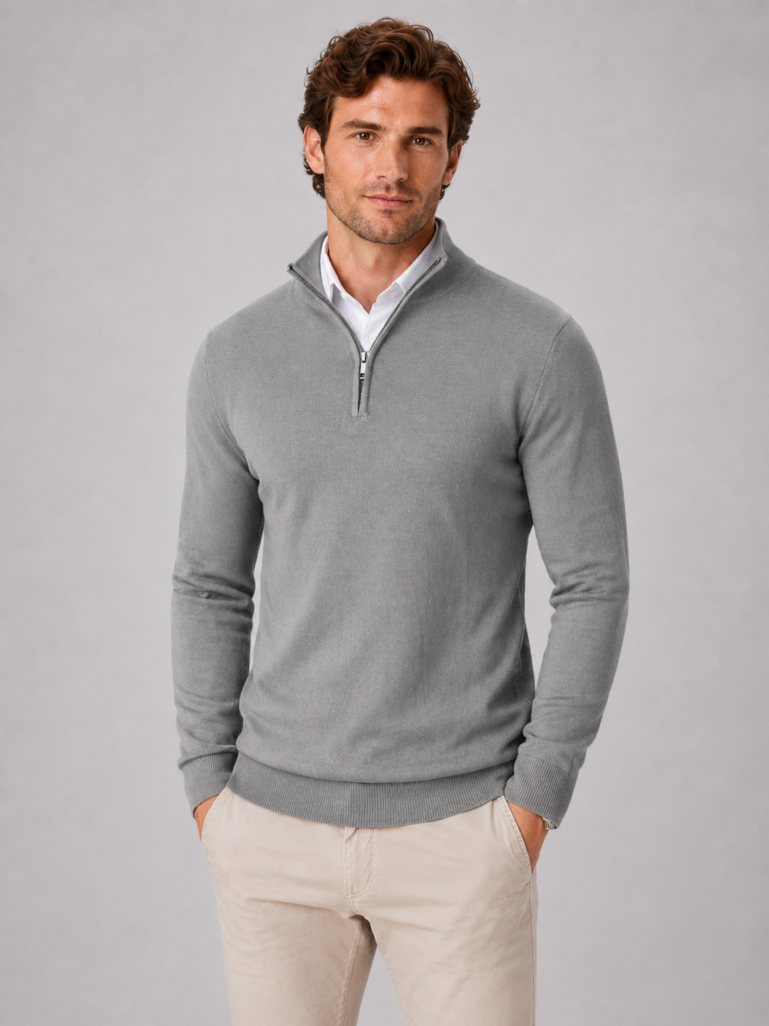 Men wearing gray quarter zip sweater slim fit lightweight mock neck spring fall casual style