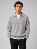 Men wearing gray quarter zip sweater turn down collar long sleeve polo loose fit fall casual style