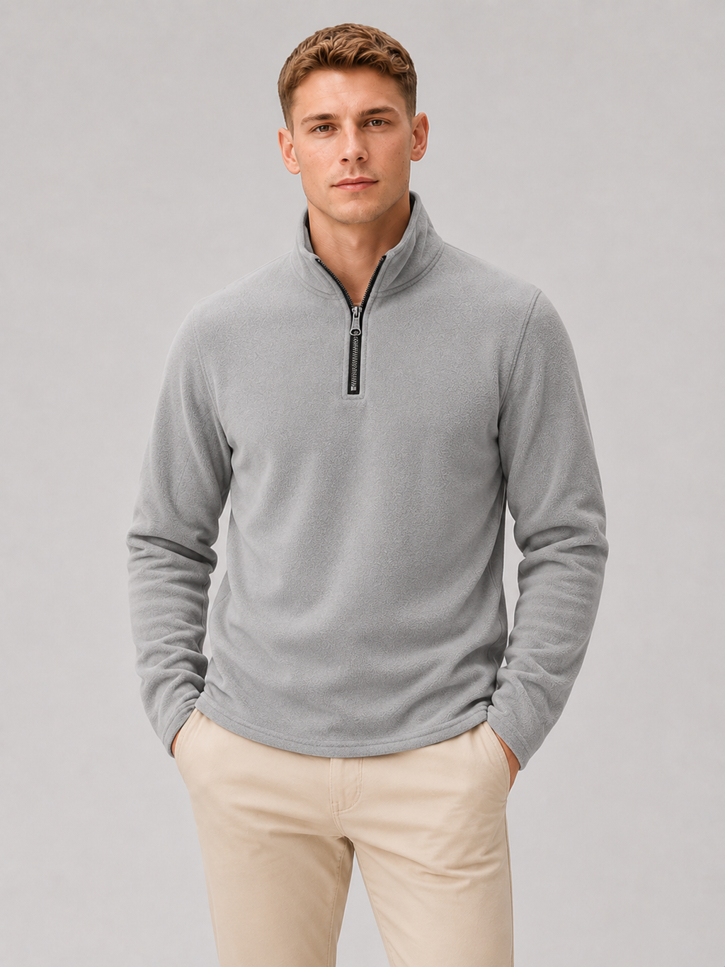 Men wearing gray quarter zip fleece pullover thick warm winter casual outdoor style