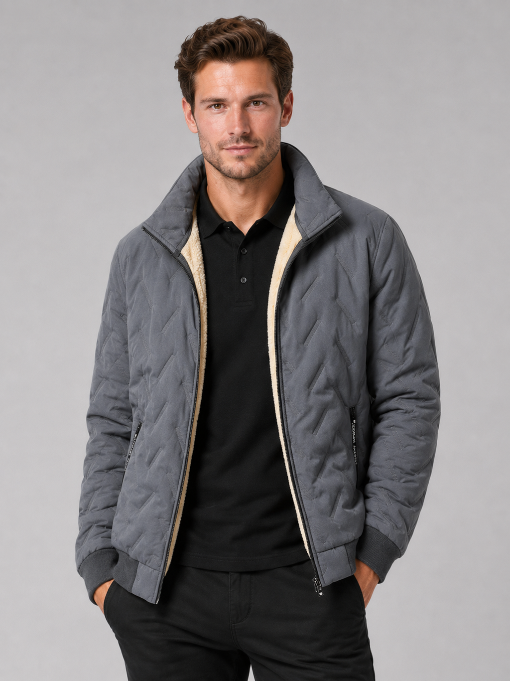 Men wearing gray quilted jacket stand collar windproof warm winter outdoor casual style