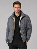 Men wearing gray quilted jacket stand collar windproof warm winter outdoor casual style