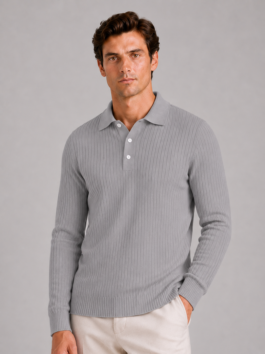 Men wearing gray ribbed long sleeve polo shirt lightweight casual business style