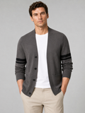 Men wearing brown striped cardigan sweater long sleeve color block knit spring business casual style