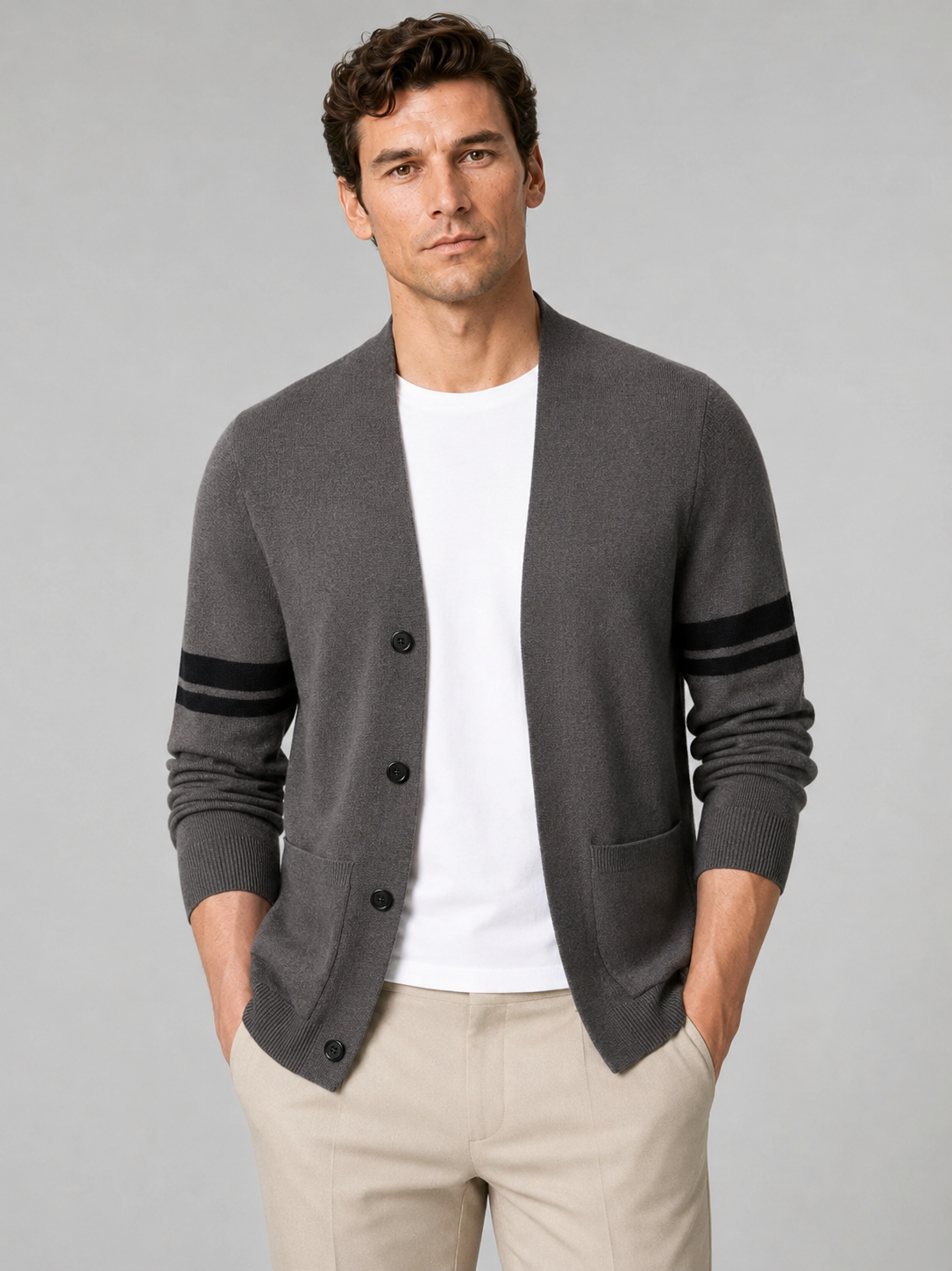 Men wearing brown striped cardigan sweater long sleeve color block knit spring business casual style