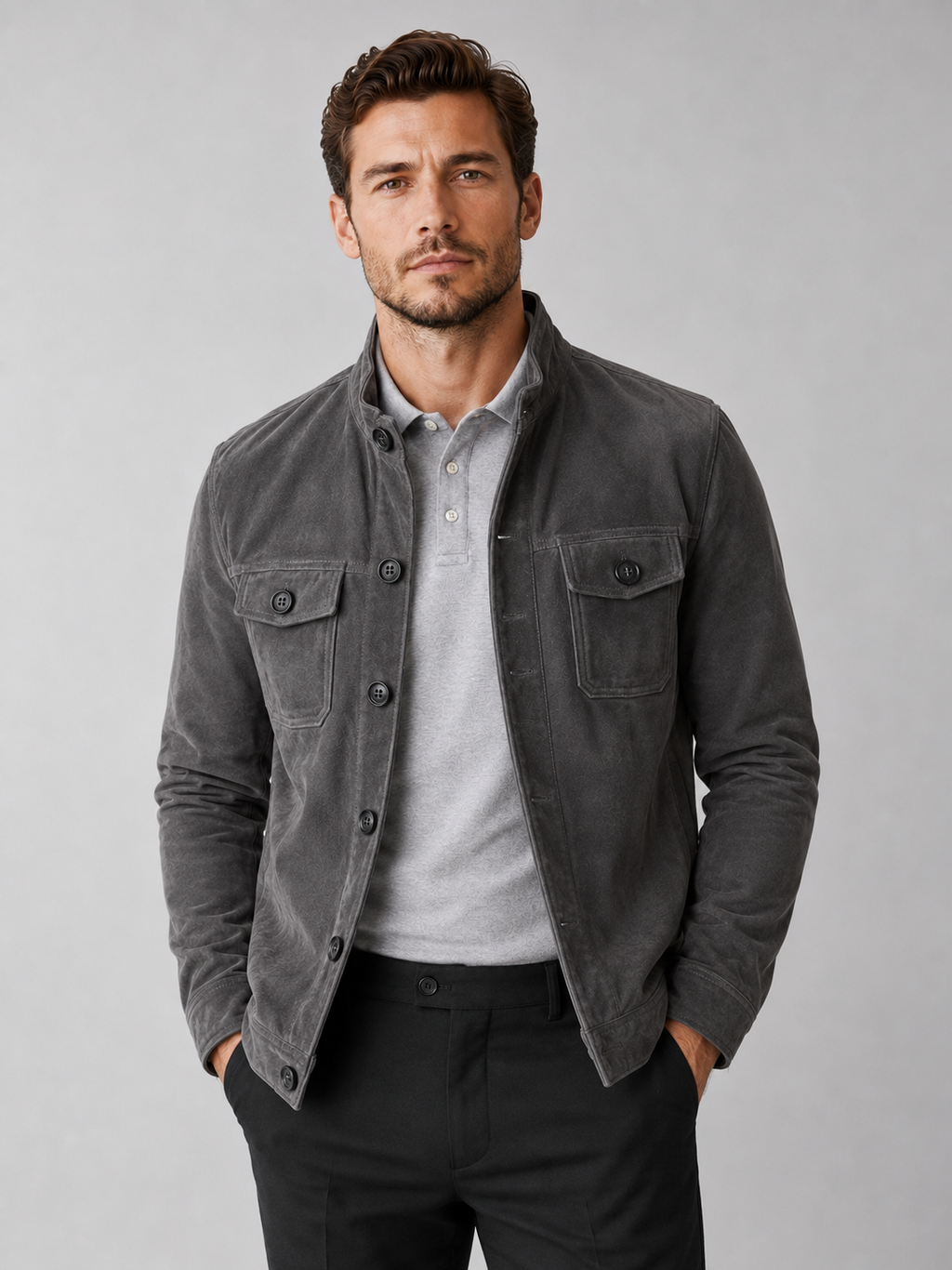 Men wearing gray suede chore jacket soft fabric casual fall streetwear style