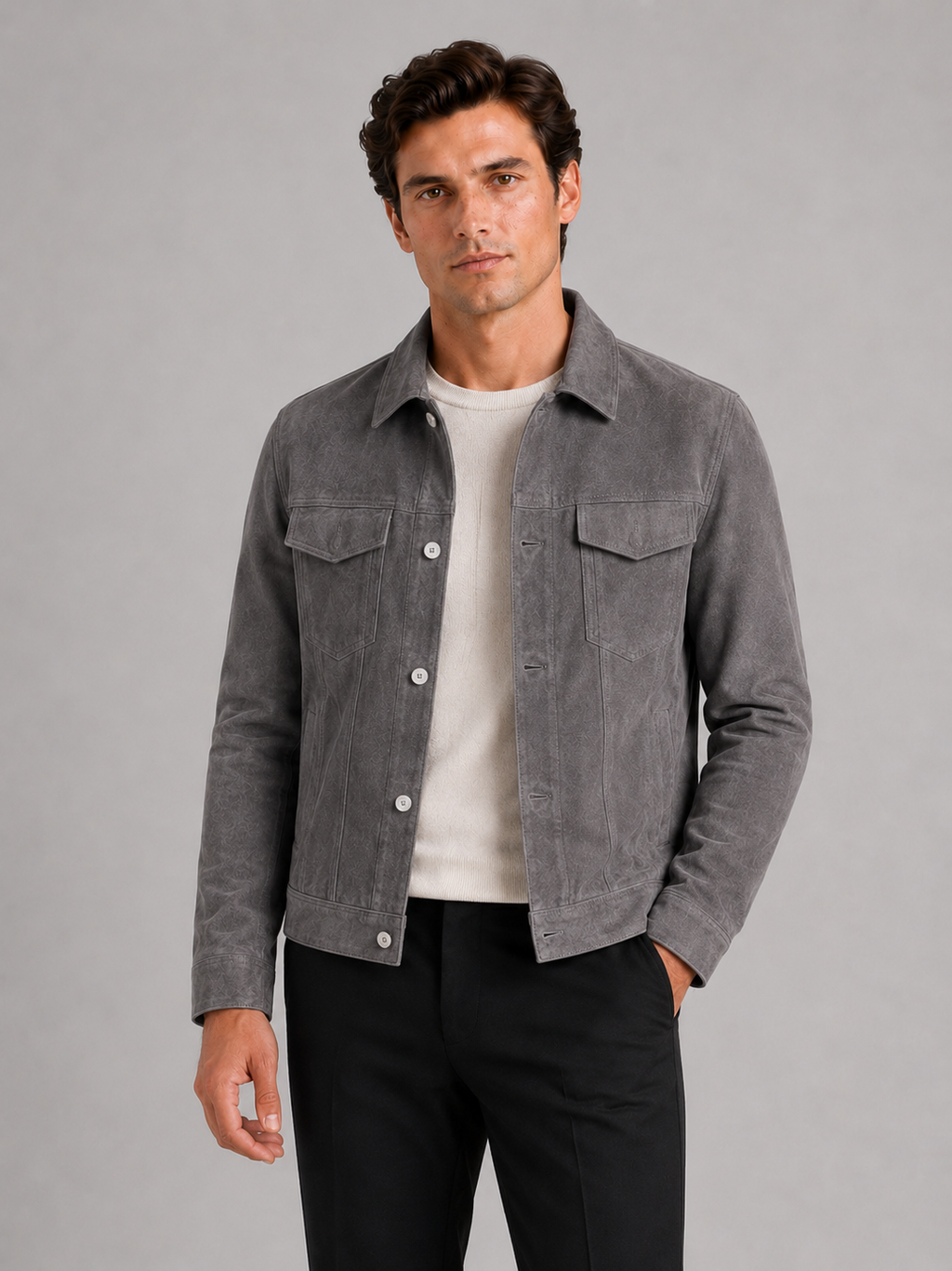 Men wearing gray suede fall jacket slim fit turn down collar business casual style