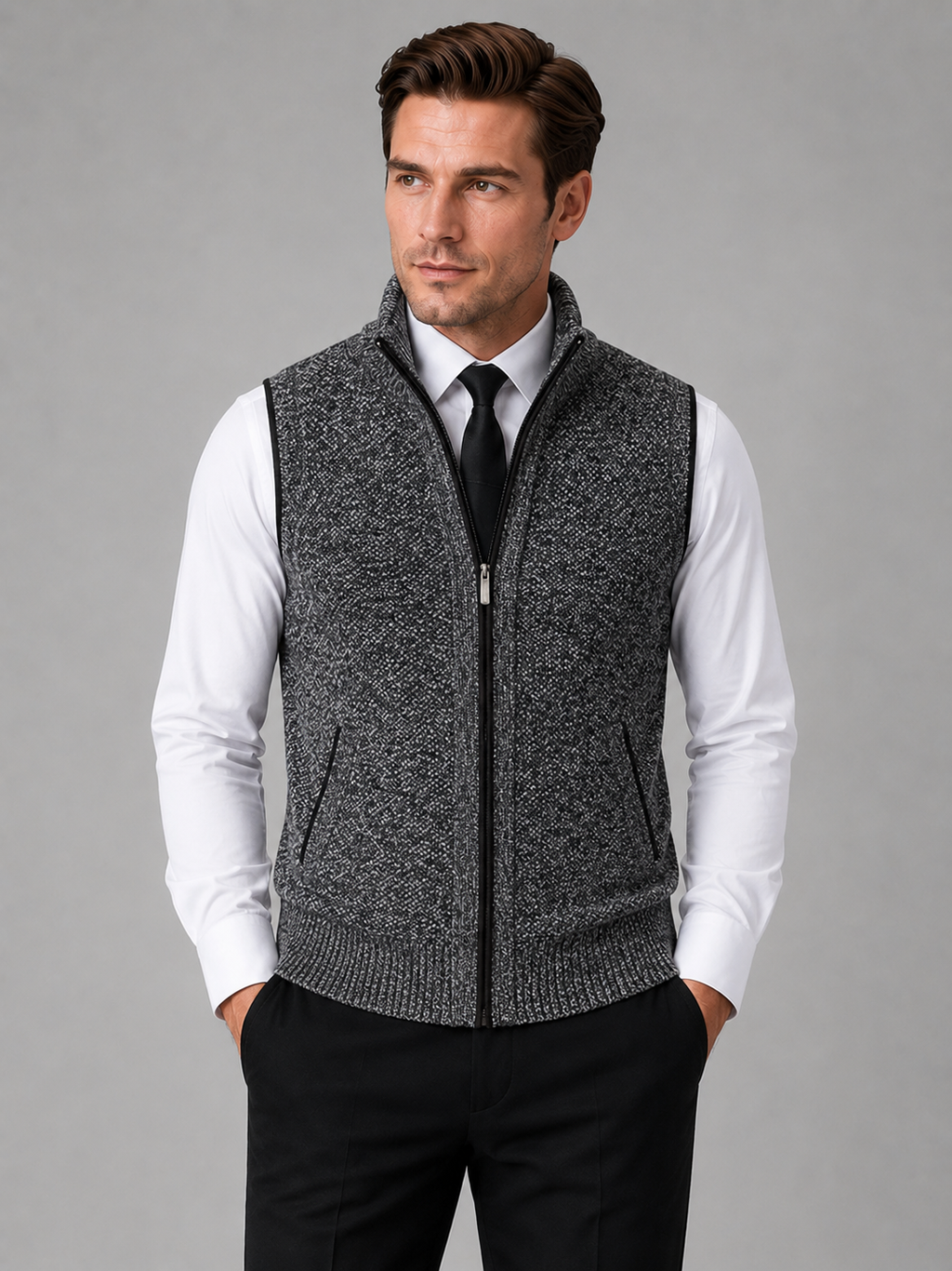 Men wearing gray full zip sweater vest stand collar slim fit knit fall winter business casual style