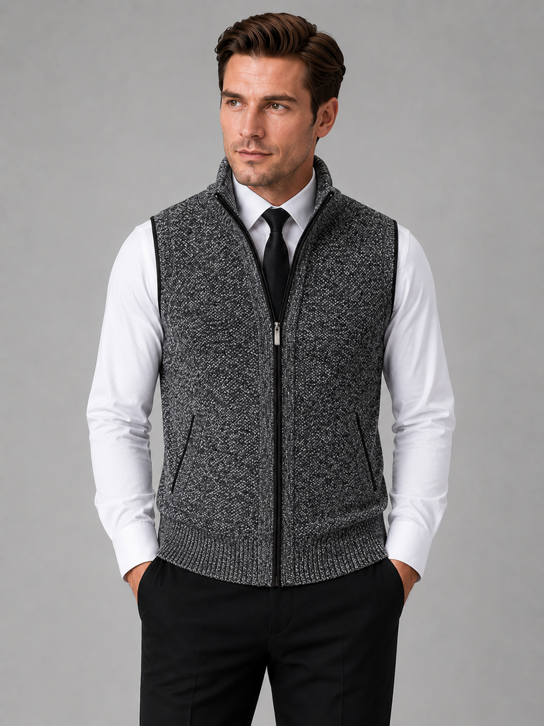Men wearing gray full zip sweater vest stand collar slim fit knit fall winter business casual style
