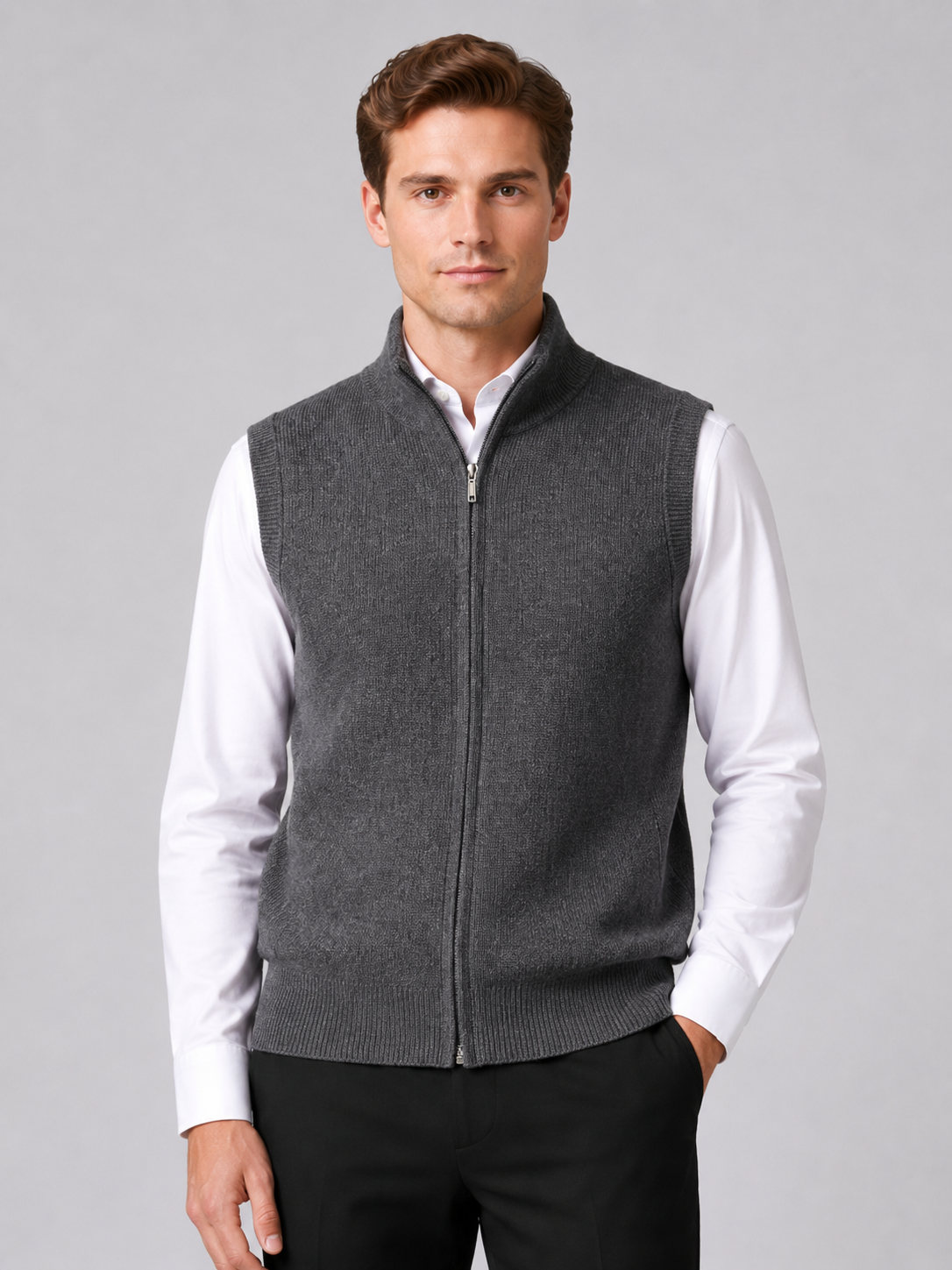 Men wearing gray full zip sweater vest mock neck knit fall winter business casual style
