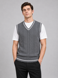 Men wearing gray sweater vest v neck slim fit patchwork knit fall winter business casual style