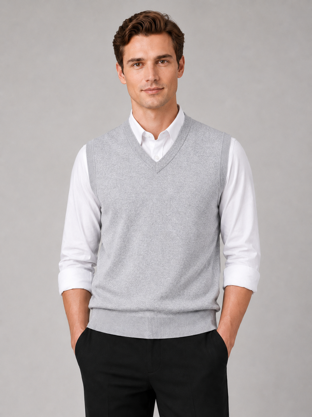 Men wearing gray sweater vest v neck solid color knit fall winter business casual style