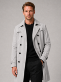 Men wearing gray double breasted trench coat knee length windproof fall casual style