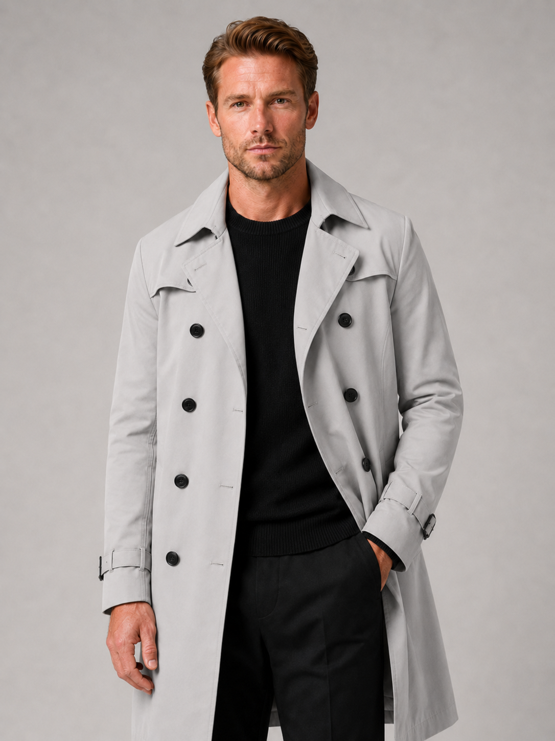 Men wearing gray double breasted trench coat knee length windproof fall casual style