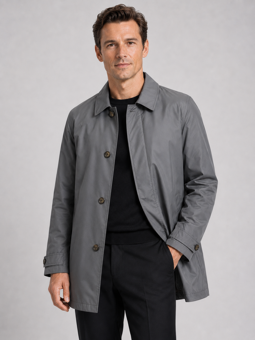 Men wearing gray medium length trench coat lapel button up warm fall winter business casual style
