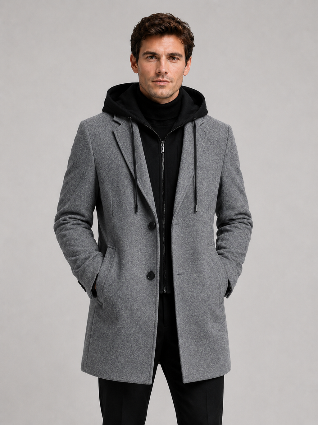 Front photo of a man wearing a gray wool hooded trench coat, warm winter business casual outfit, clean studio background