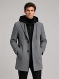 Front photo of a man wearing a gray wool hooded trench coat, warm winter business casual outfit, clean studio background
