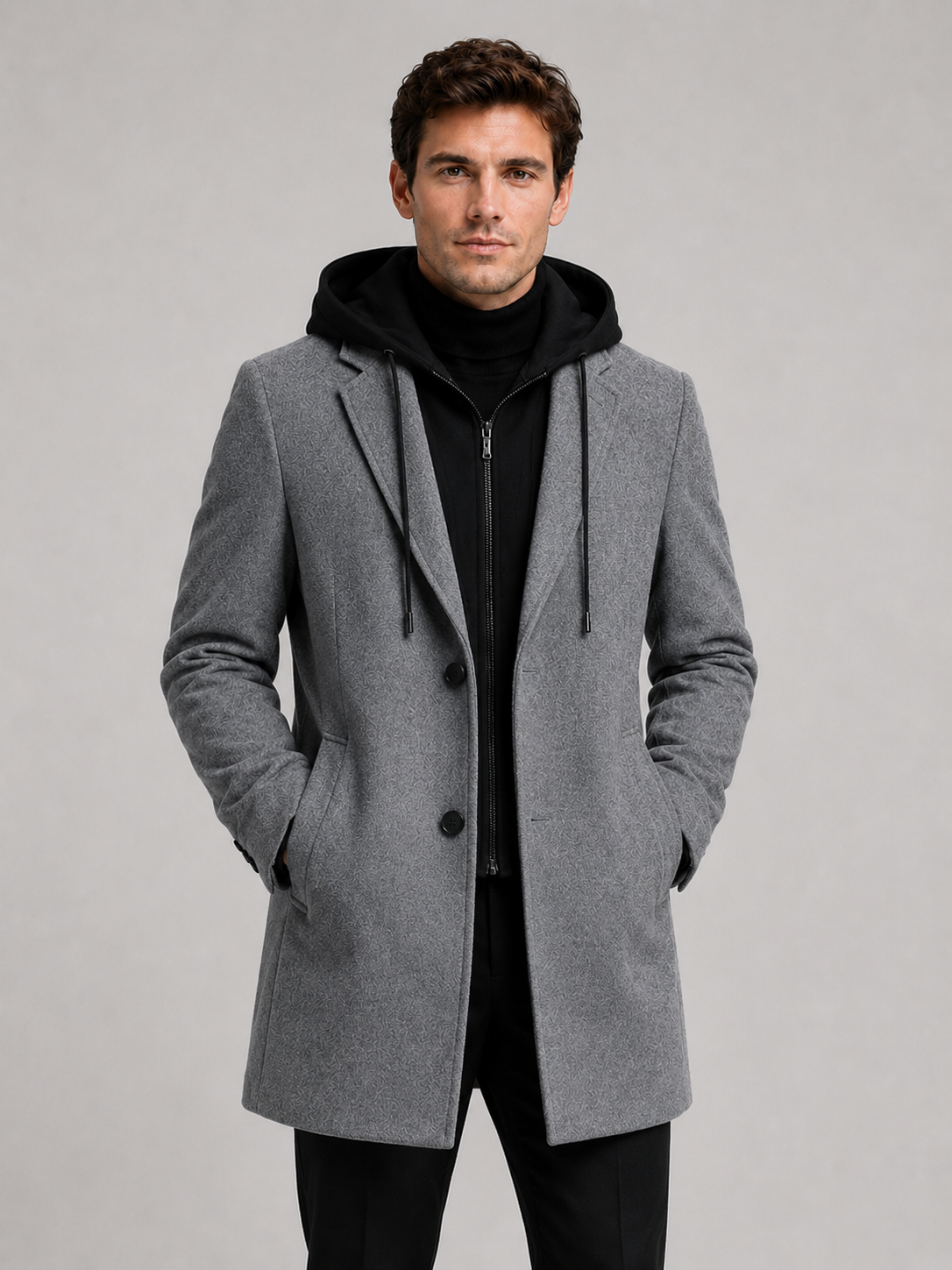 Front photo of a man wearing a gray wool hooded trench coat, warm winter business casual outfit, clean studio background