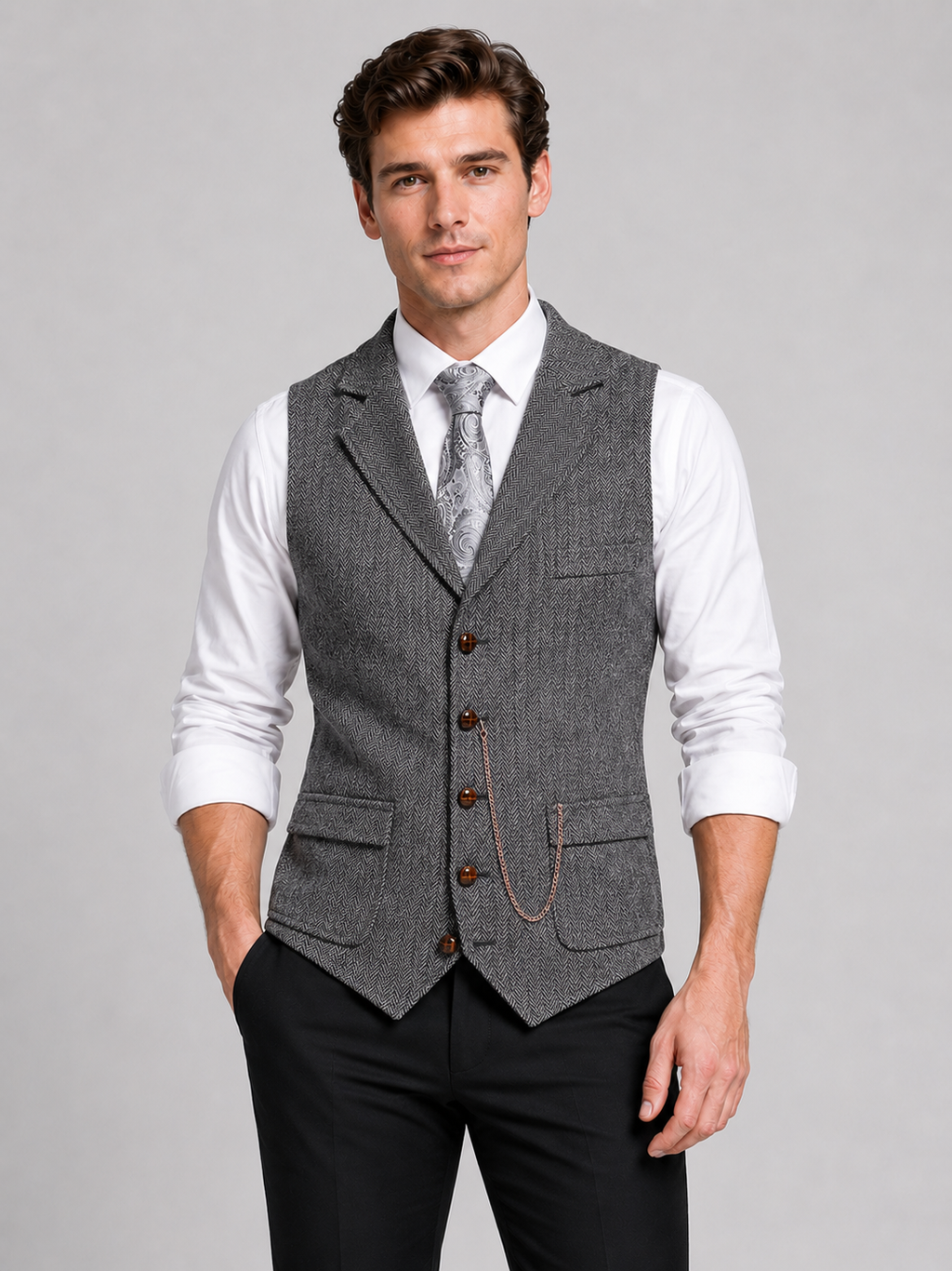Men wearing gray tweed vest herringbone lapel chain suit vest fall winter business casual style