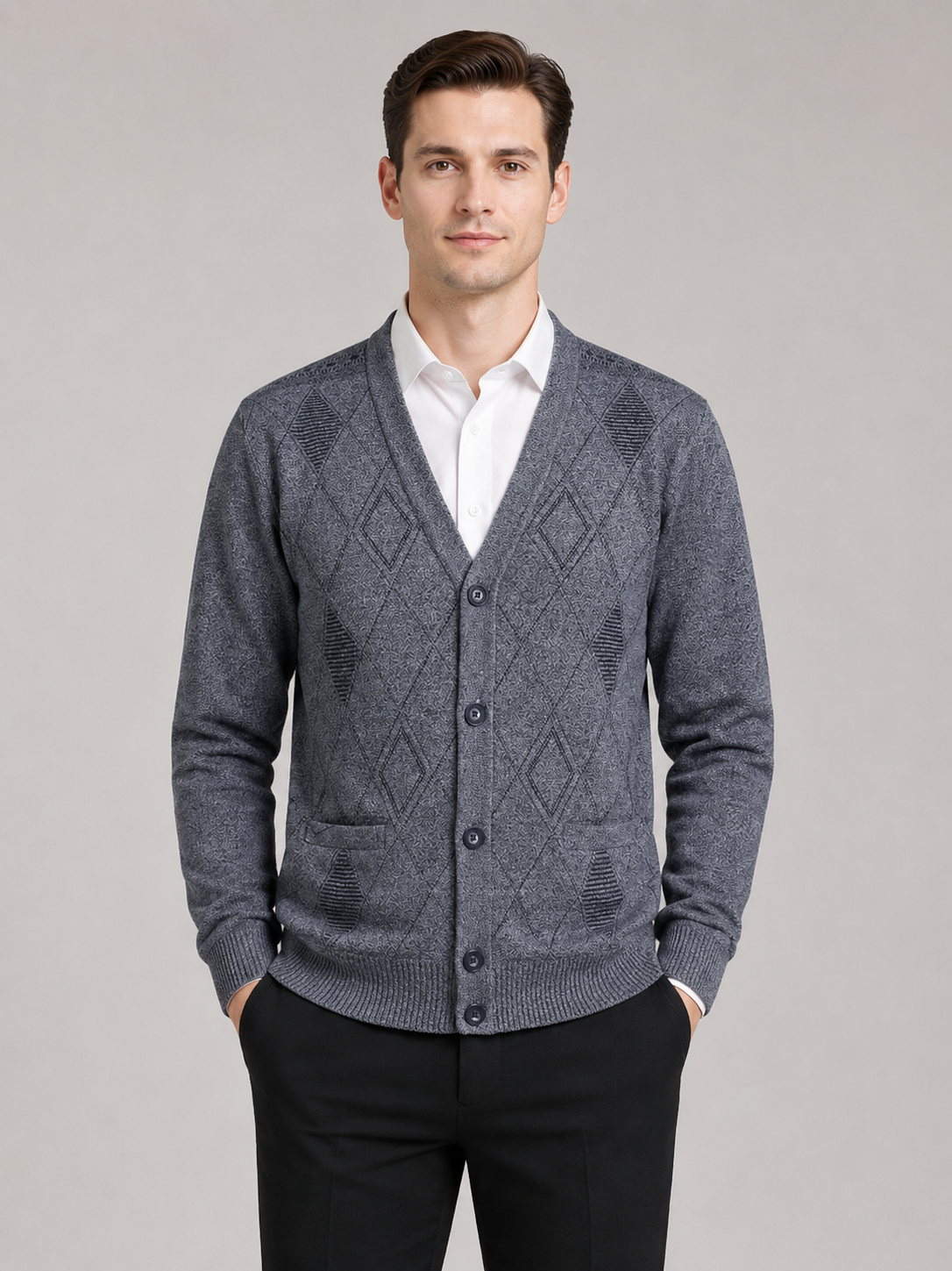 Men wearing gray v neck cardigan sweater button up knit fall winter business casual style