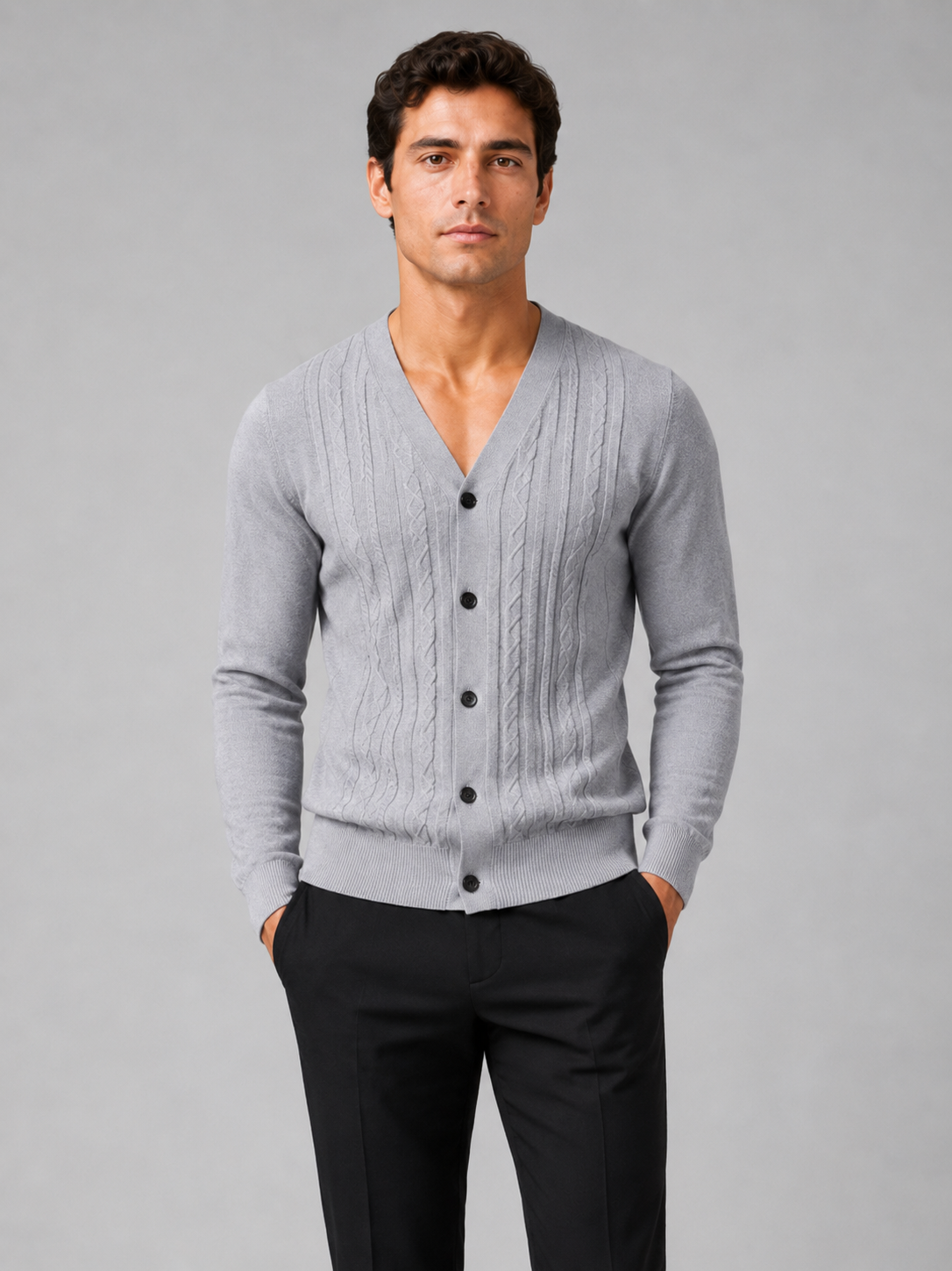 Men wearing gray v neck cardigan sweater slim fit knit long sleeve spring fall business casual style