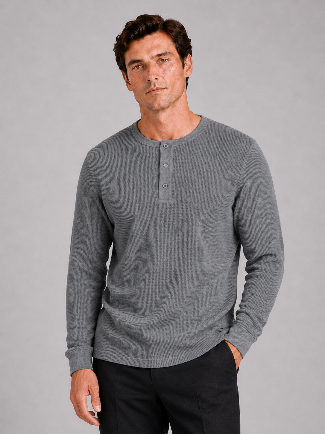 Men wearing gray waffle knit henley shirt long sleeve lightweight textured casual style