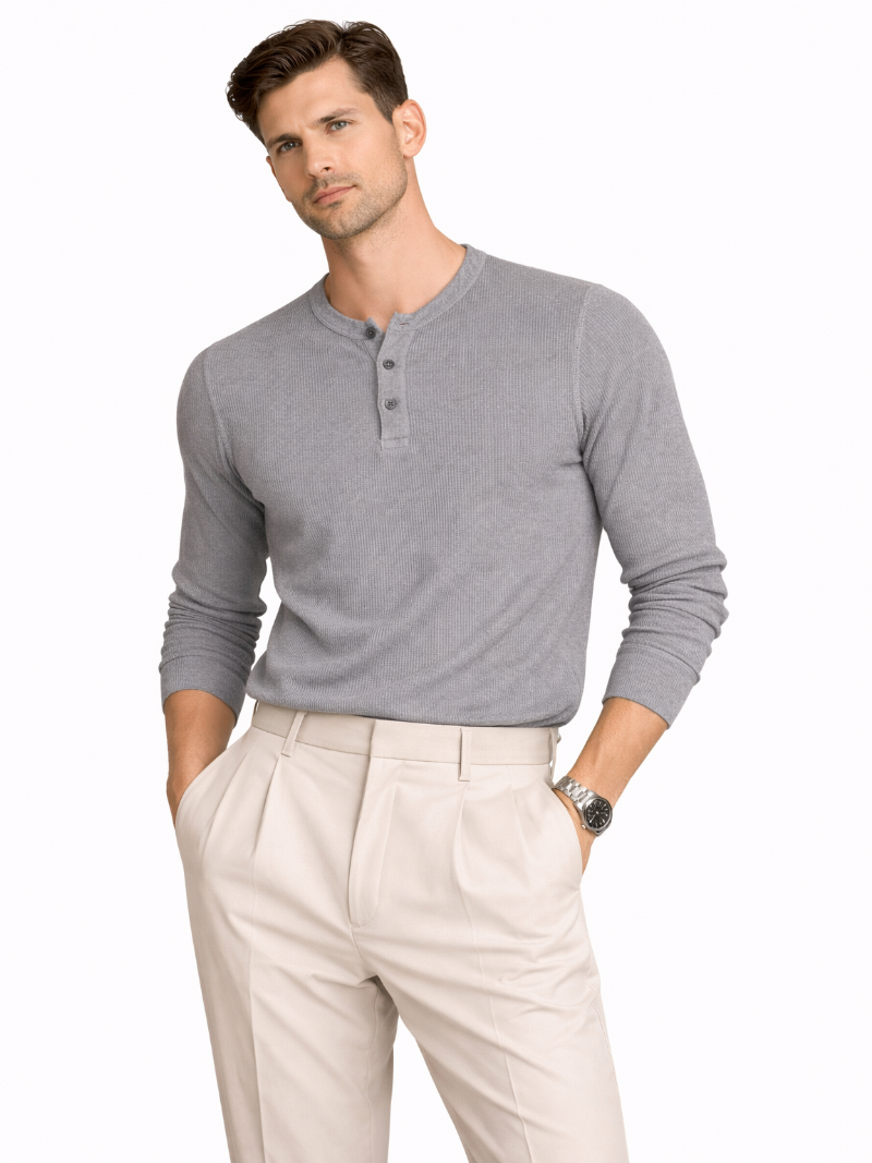 Gray cotton waffle henley shirt long sleeve textured fabric breathable lightweight refined everyday wear