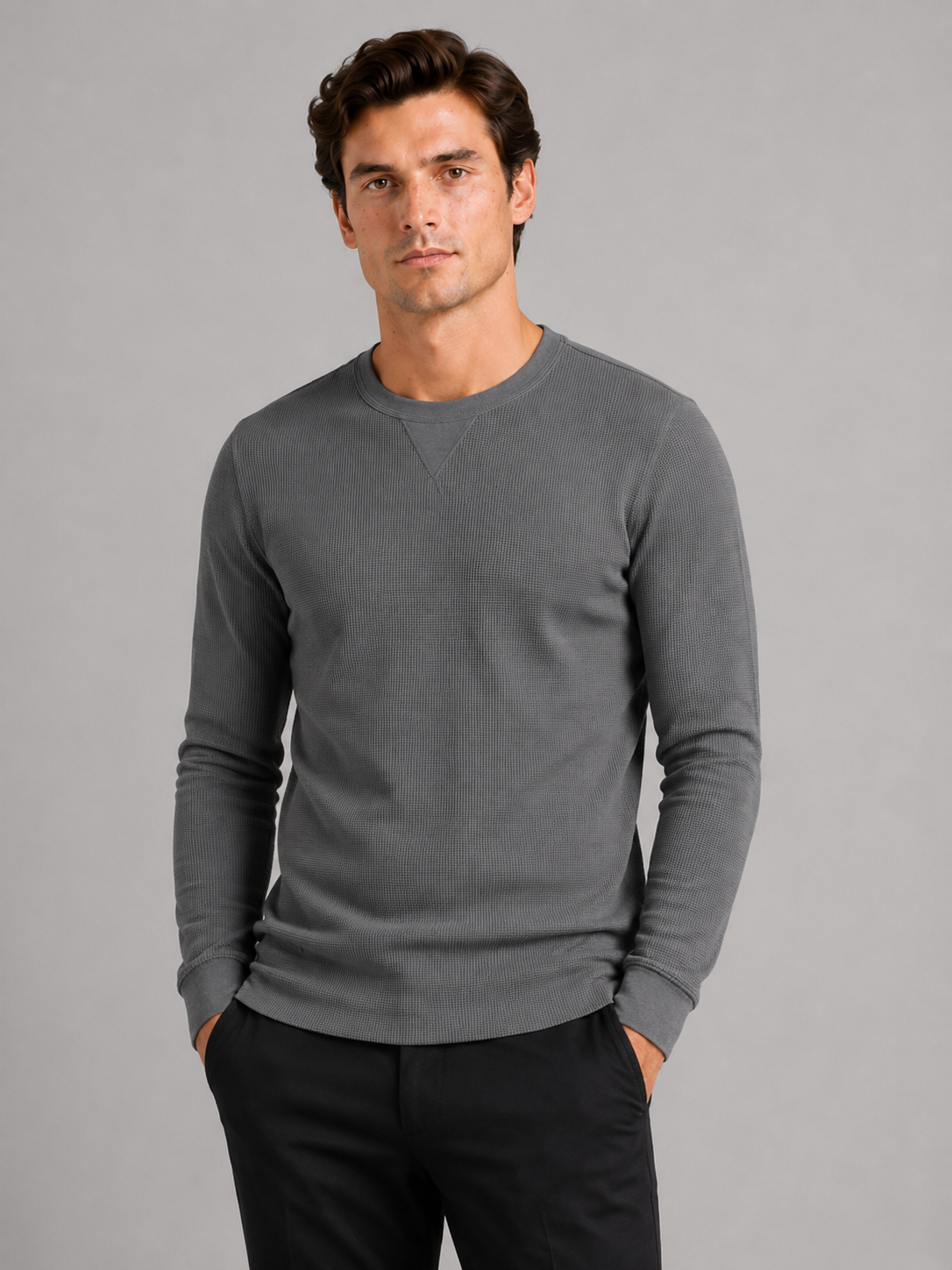Men wearing gray waffle knit shirt long sleeve crewneck fall winter casual style