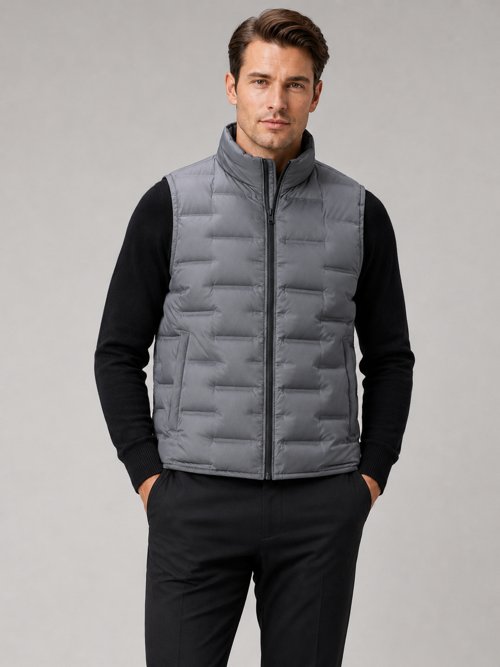 Men wearing gray white duck down vest stand collar windproof waterproof lightweight winter casual style