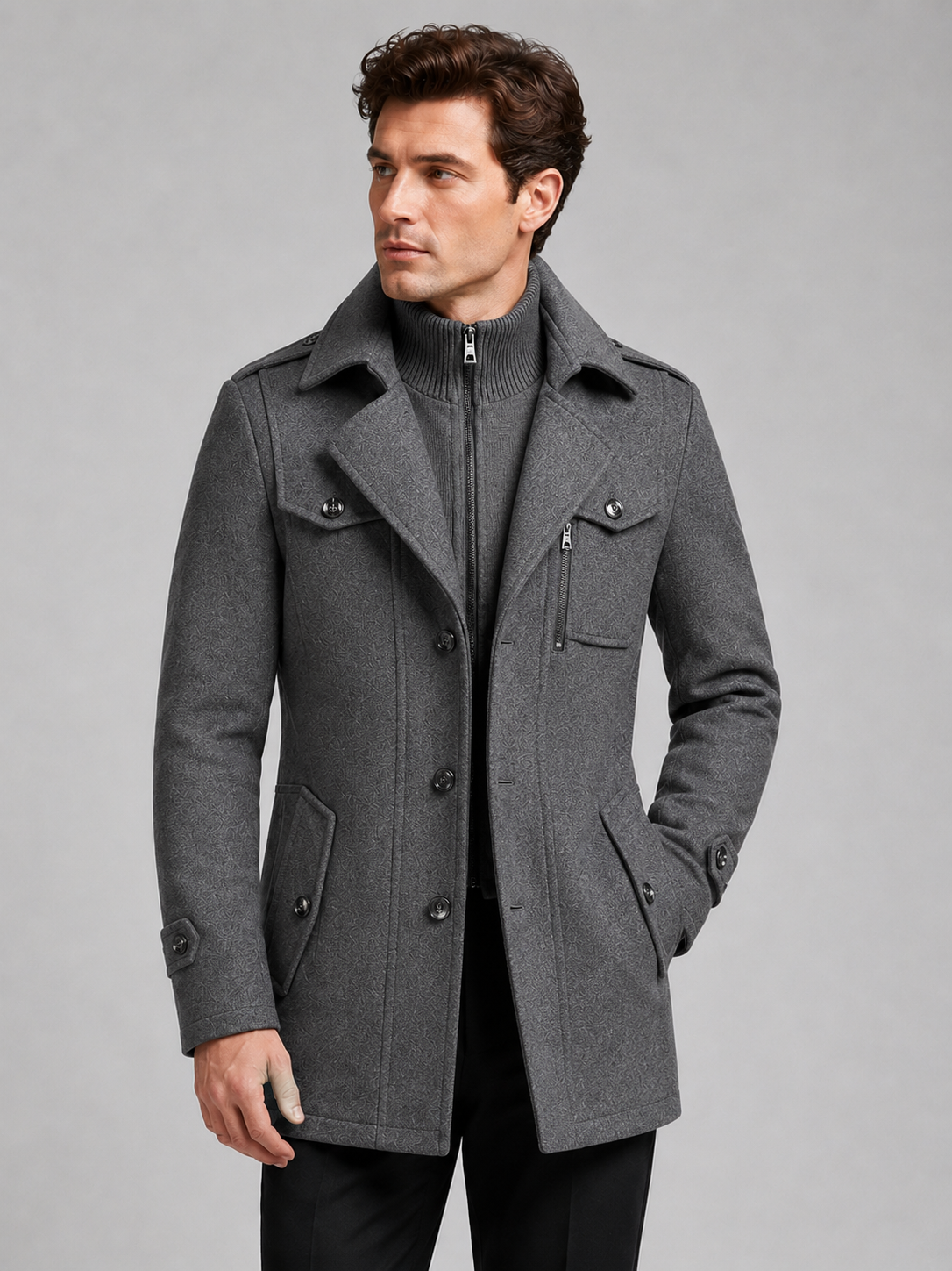 Front view of a man wearing a gray wool overcoat with a double collar, long sleeves, and warm business casual design