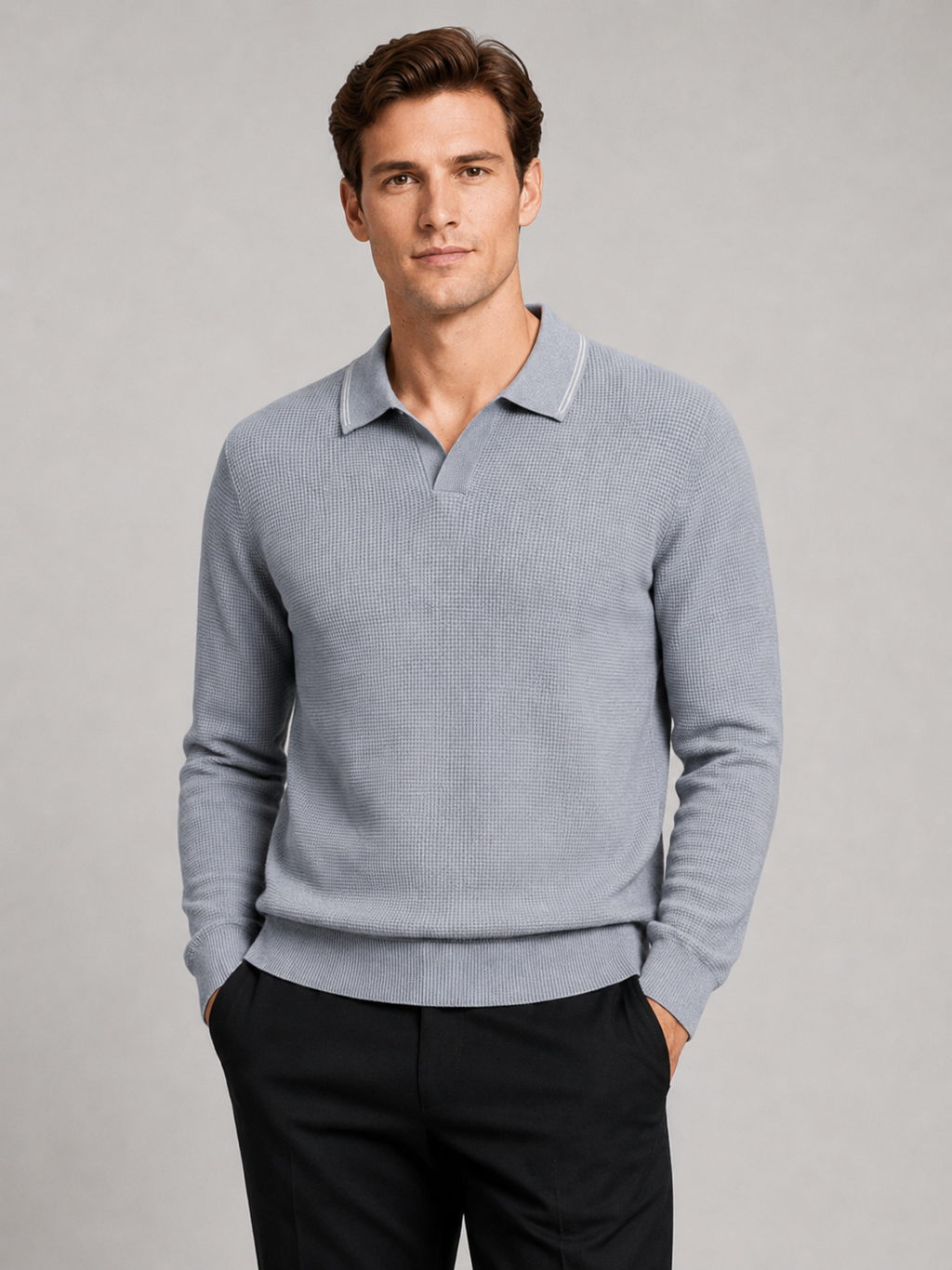Men wearing gray wool Johnny collar polo sweater long sleeve fall winter business casual style