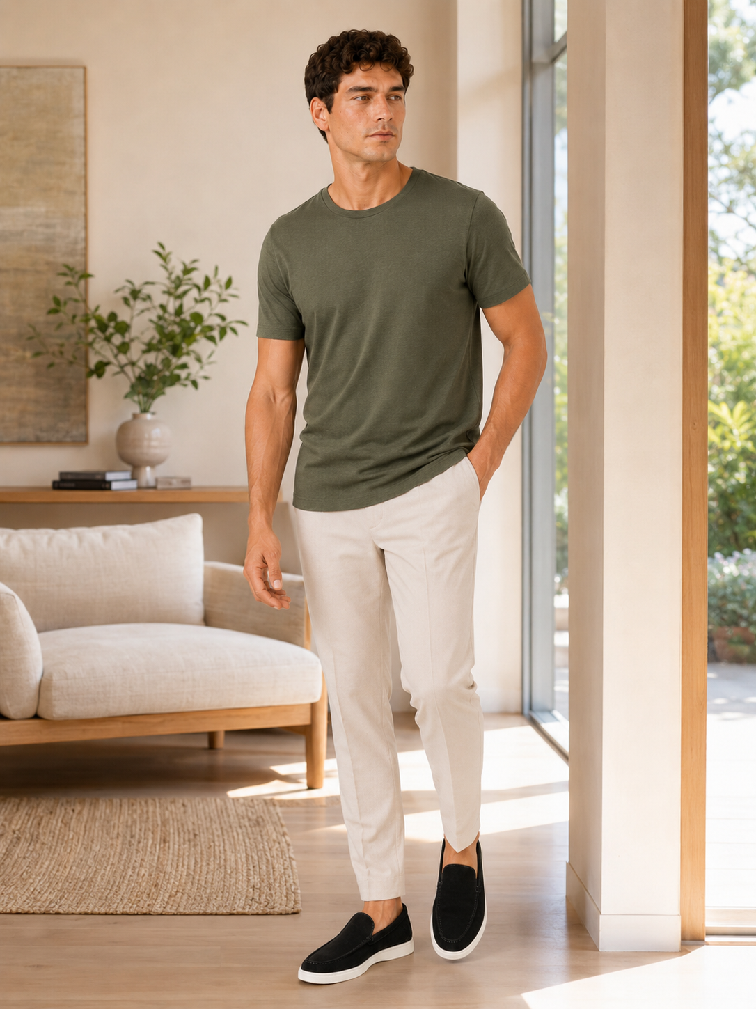 Man styling green cotton crew neck t shirt in a relaxed summer casual lifestyle outfit