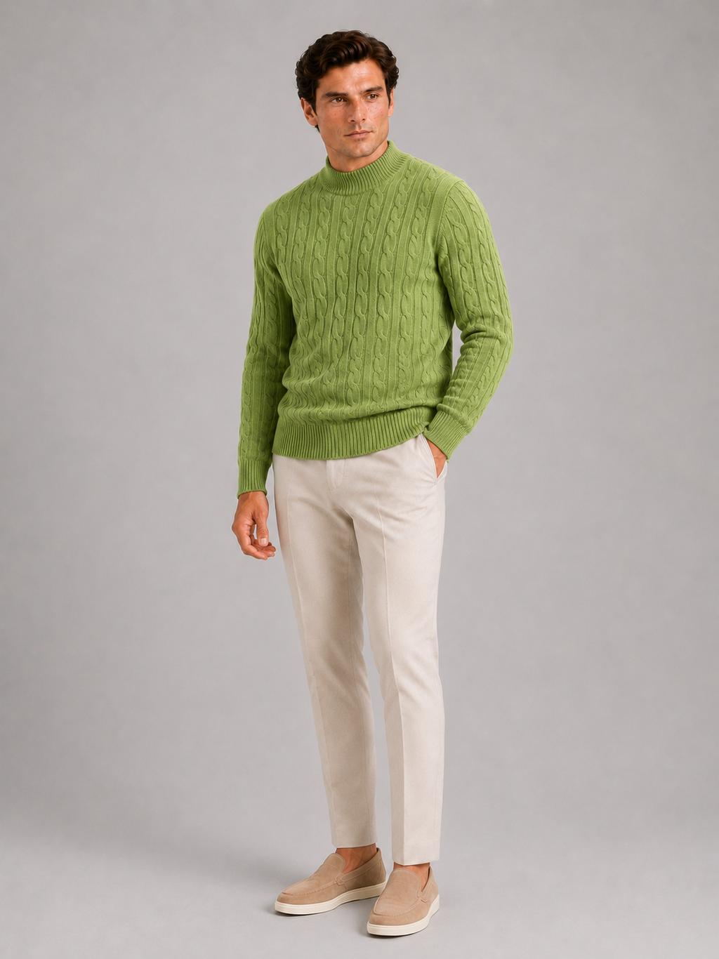 Green wool cable knit mock neck sweater for men warm pullover for everyday winter wear