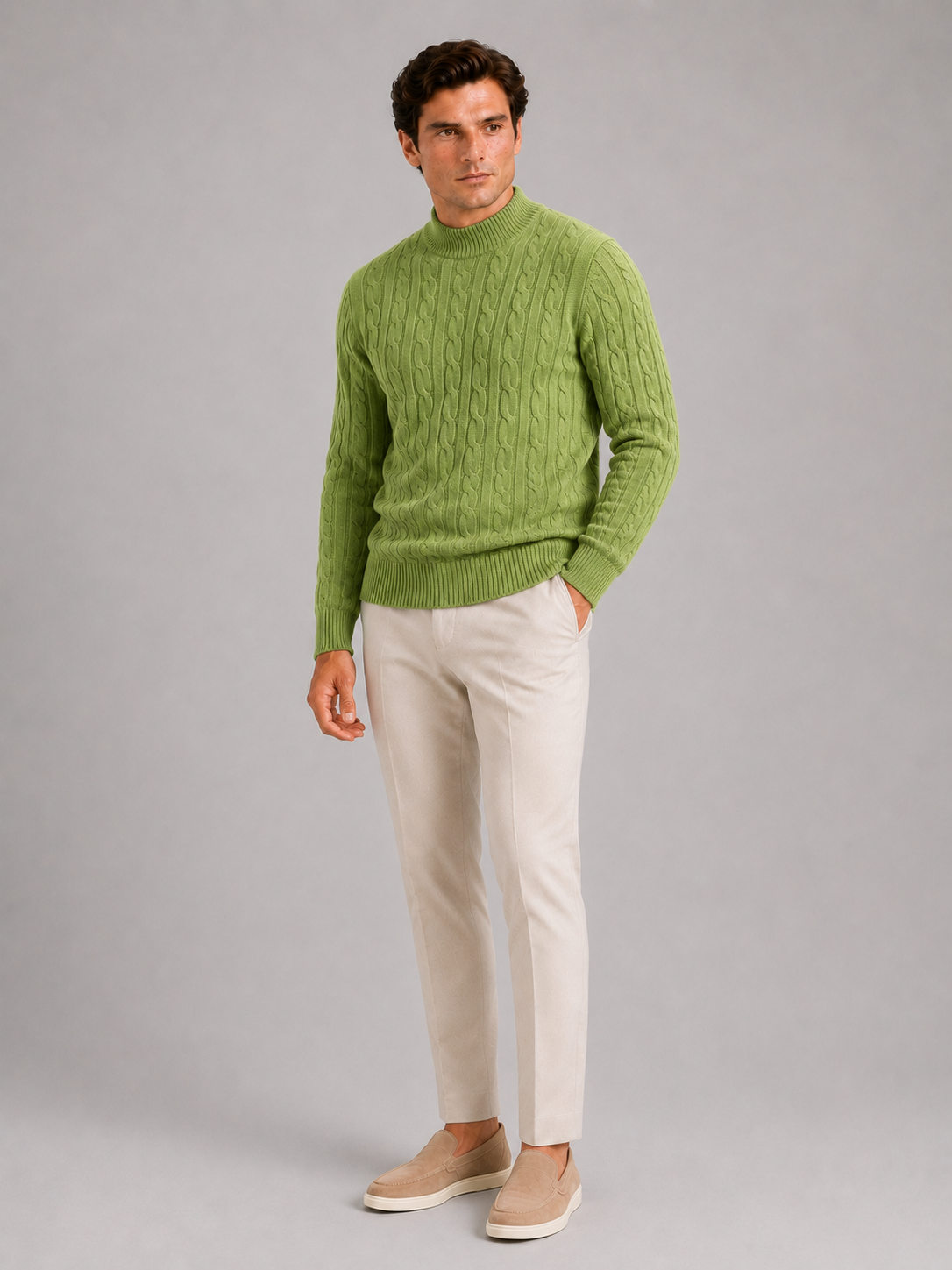 Green wool cable knit mock neck sweater for men warm pullover for everyday winter wear