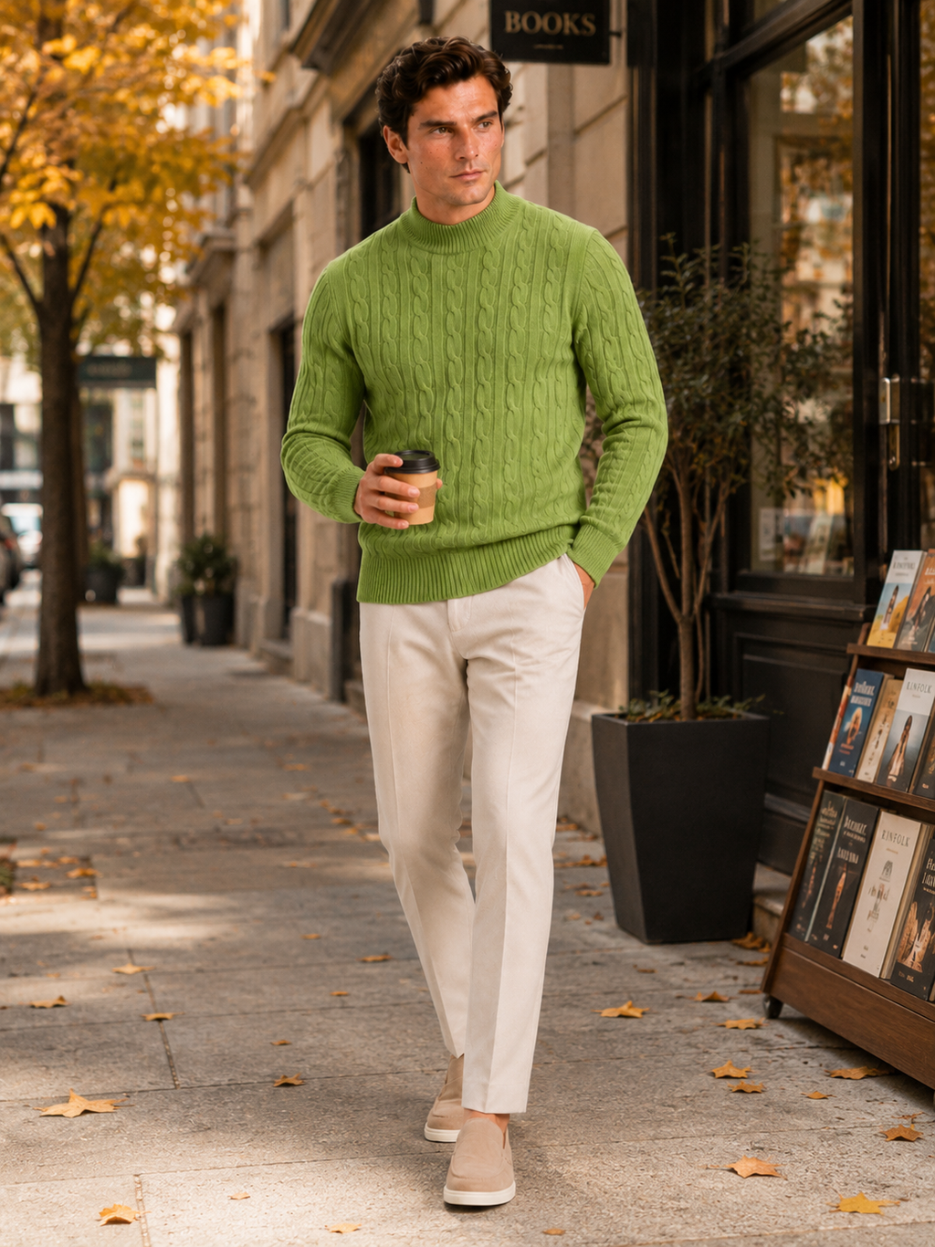 Man styling green wool cable knit mock neck sweater in a relaxed fall winter lifestyle outfit