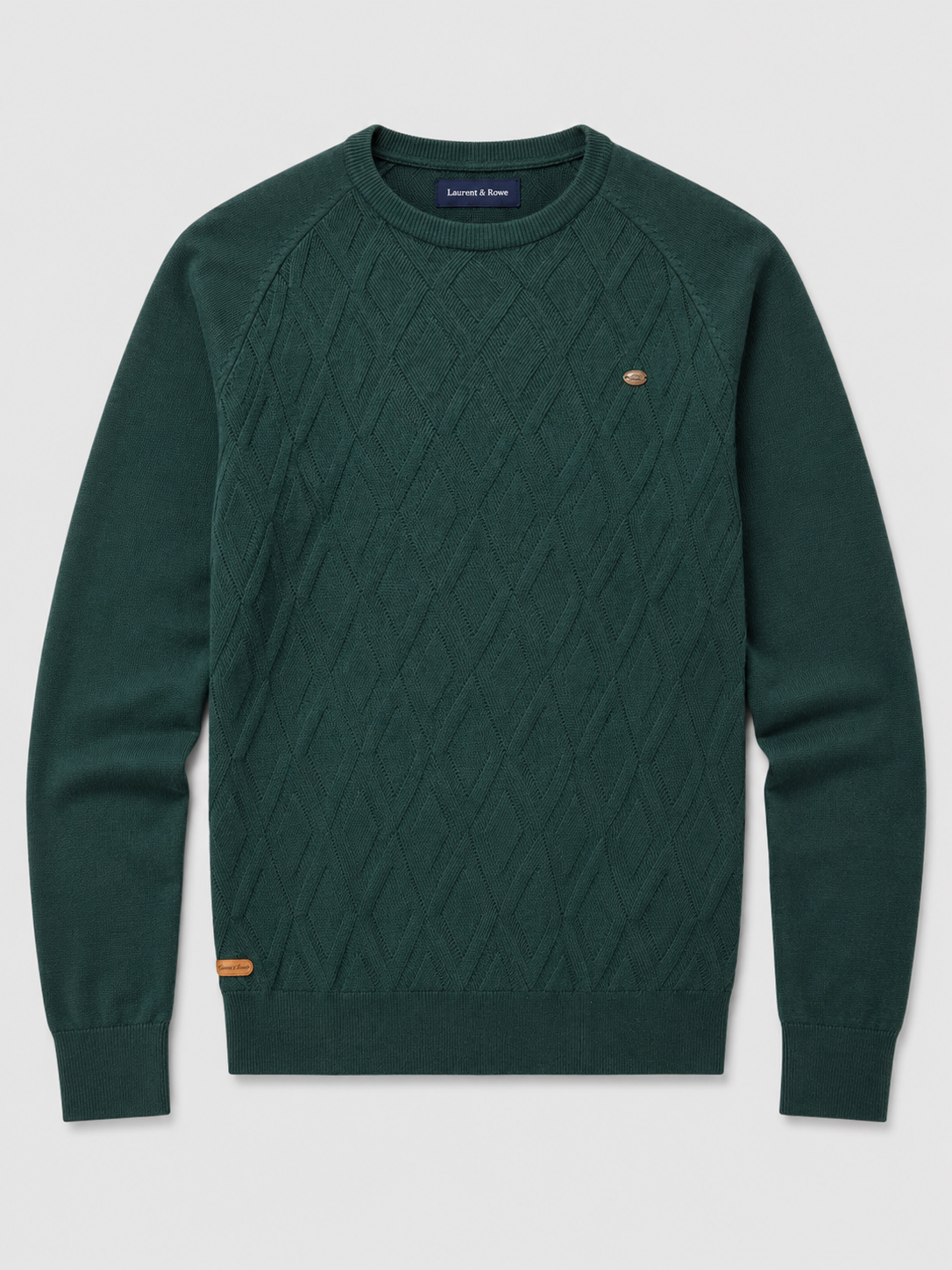 Green men’s argyle crew neck knit sweater displayed on a plain background