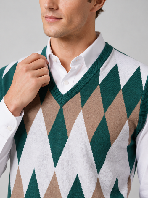 Close up of green argyle sweater vest showing classic diamond knit pattern and refined v neck detail