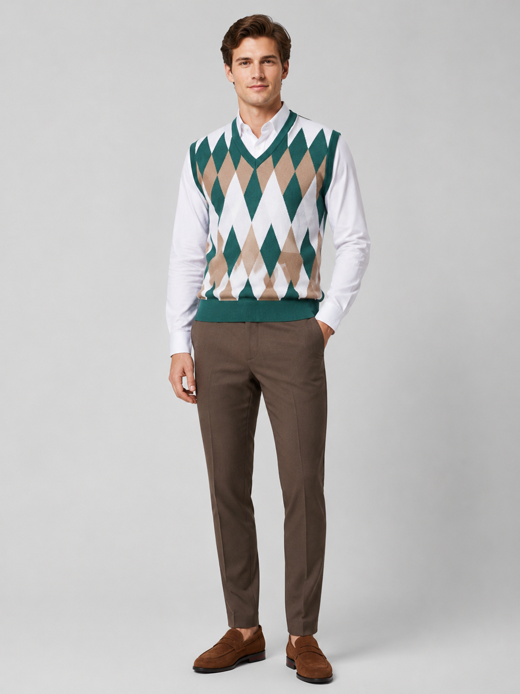 Green argyle sweater vest for men slim fit lightweight layer for business casual wear