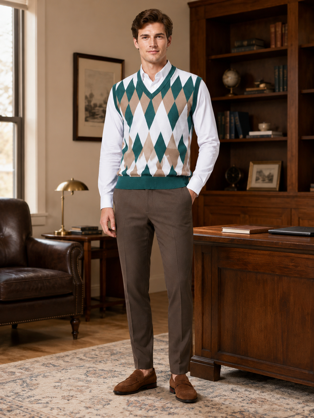 Man styling green argyle sweater vest in a refined business casual and everyday lifestyle outfit