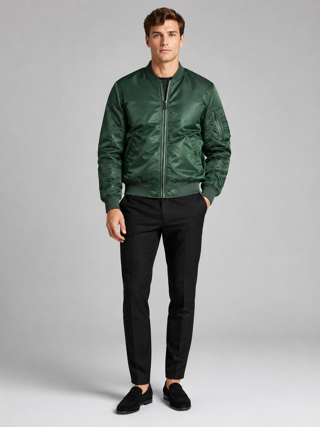 Green flight jacket for men casual fall outerwear for everyday and streetwear wear