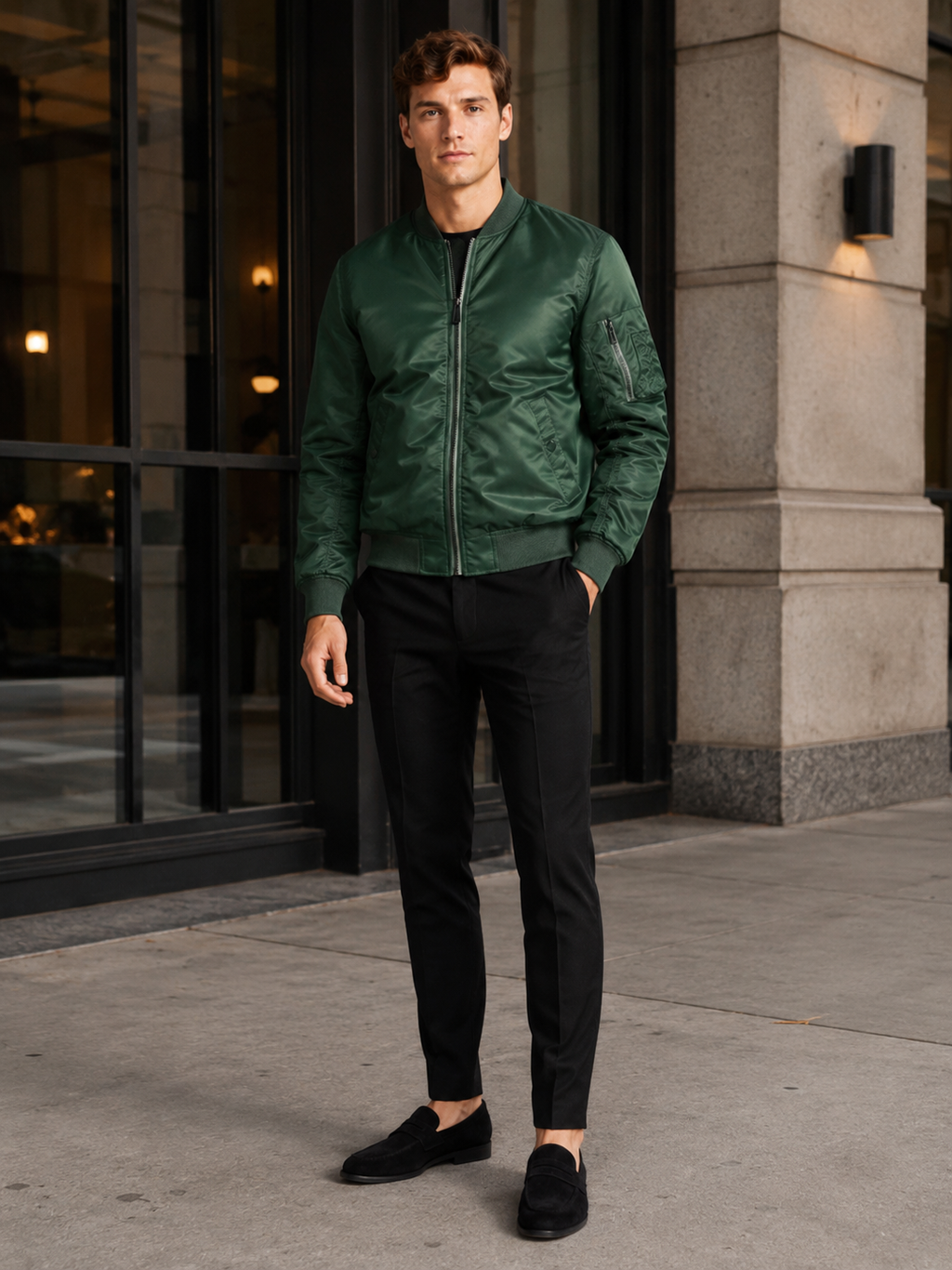 Man styling green bomber jacket in a rugged streetwear and everyday lifestyle outfit