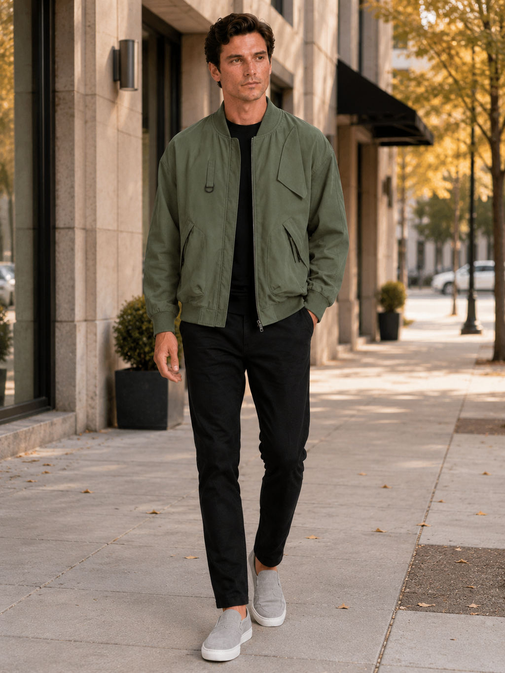 Man styling green bomber workwear jacket in a rugged everyday casual lifestyle outfit