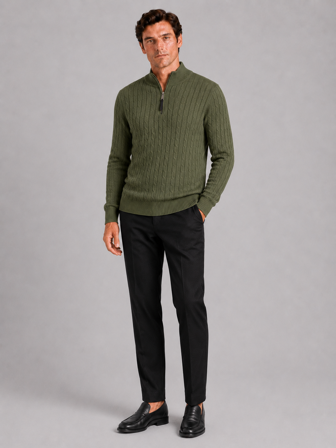 Green quarter zip cable knit sweater for men warm pullover for casual winter wear