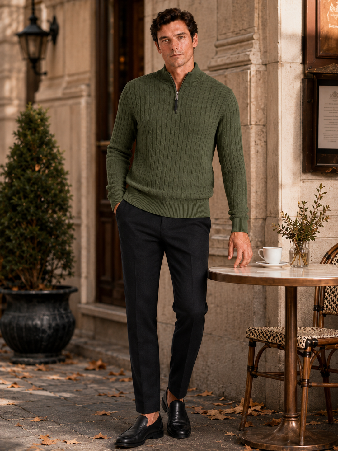 Man styling green cable knit quarter zip sweater in a relaxed fall winter lifestyle outfit