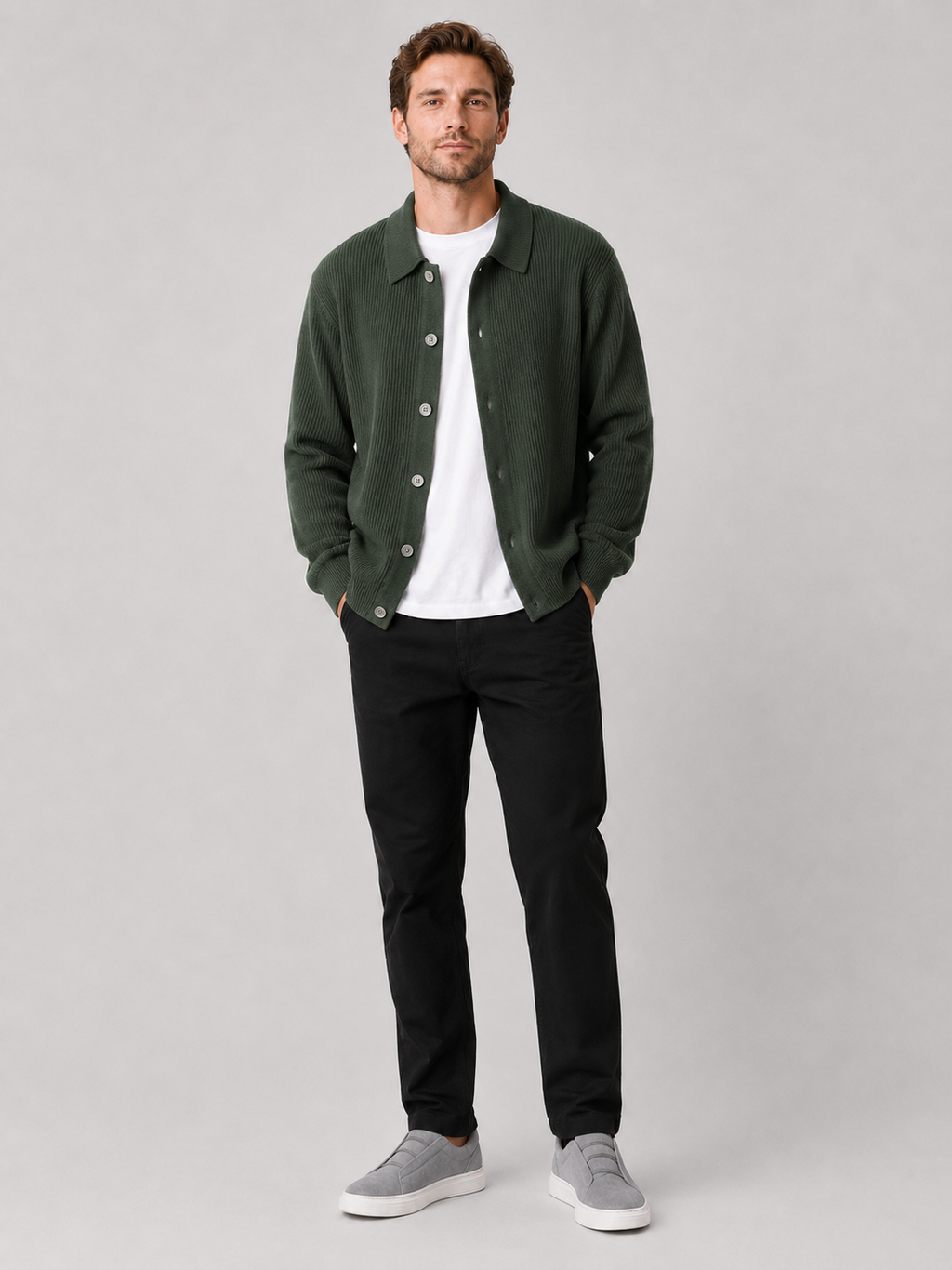Green open front cardigan sweater for men loose fit layering piece for everyday wear